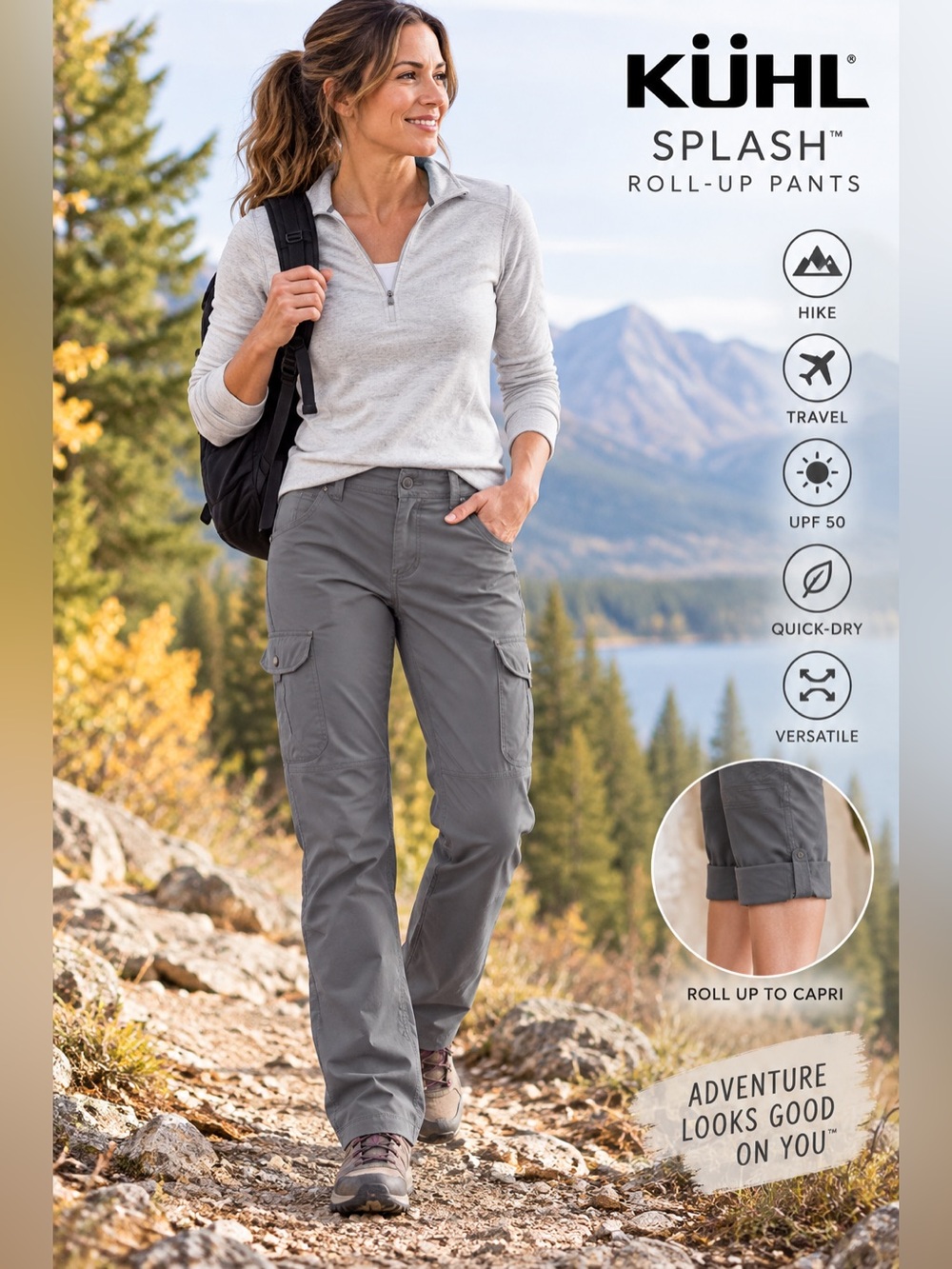 KÜHL Splash Roll-Up Pants Women’s 10 Gray Hiking Cargo Travel UPF 50
